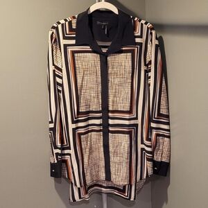 Donna Karan New York Women's Silk Blouse Geometric Print, Size L, Black Neutrals